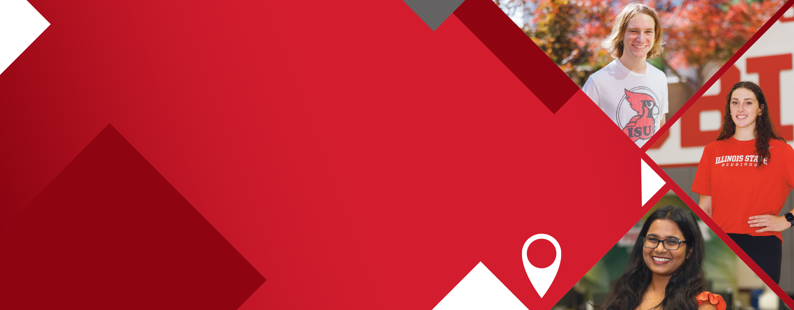 Red and white geometric pattern background with three individual photos